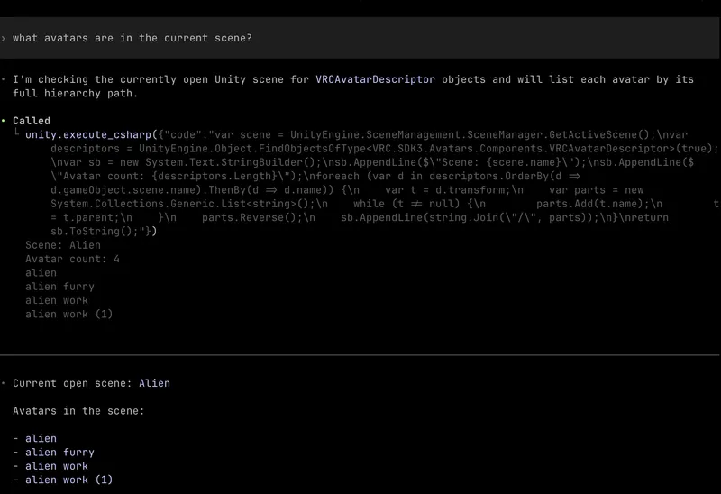 Codex generating C# to inspect avatars in the Unity scene